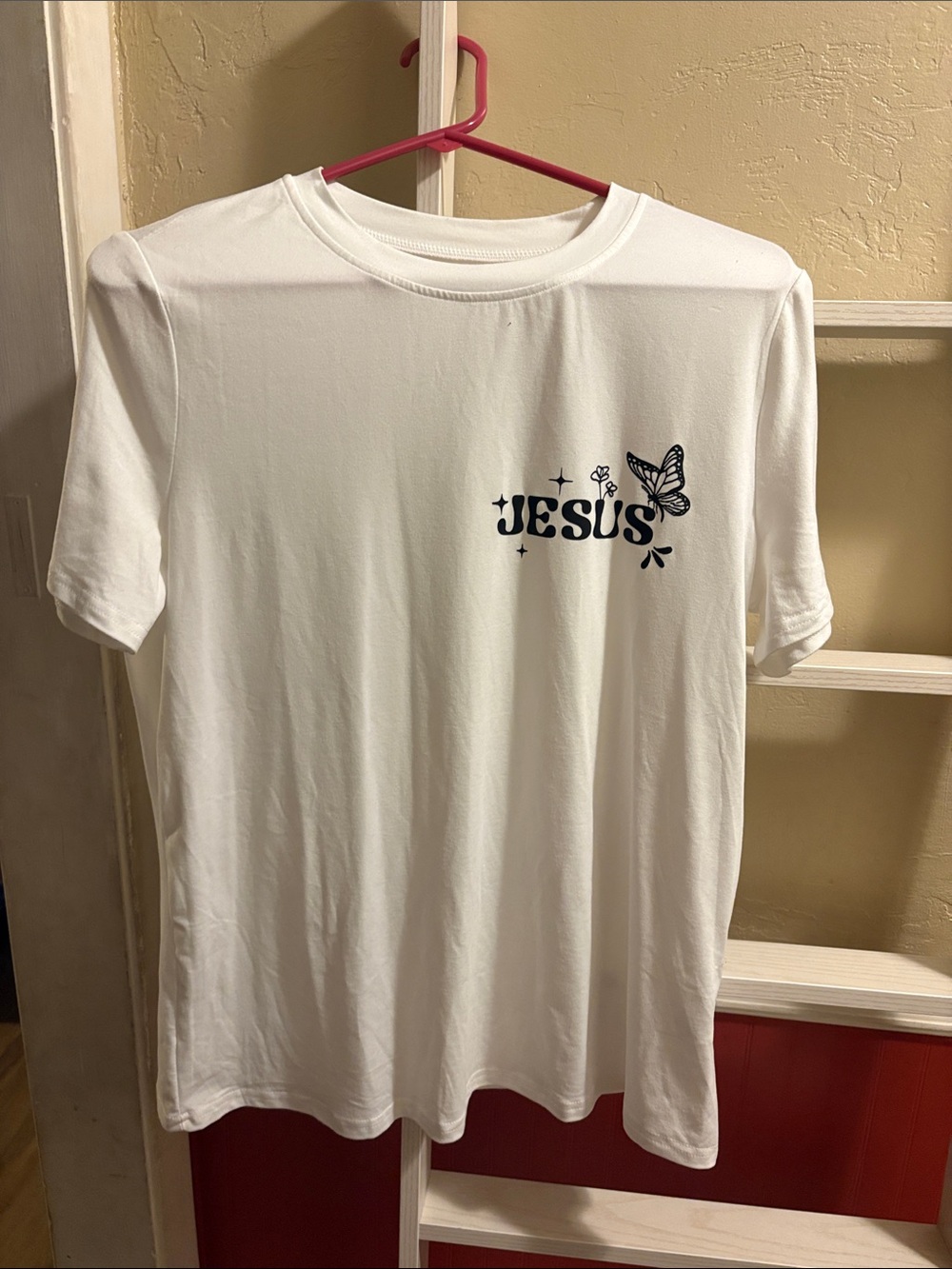 SHEIN White Short Sleeve Tee with Black 'Jesus' & Butterfly Graphic